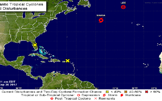 Centro Nacional de Huracanes: No hay ciclones tropicales; Lee, ciclón Post-tropical y María, tormenta tropical