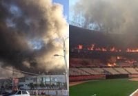 Incendio consume estadio Quisqueya en estos momentos; cinco unidades bomberos trabajan; Vídeo