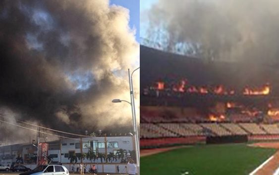 Incendio consume estadio Quisqueya en estos momentos; cinco unidades bomberos trabajan; Vídeo